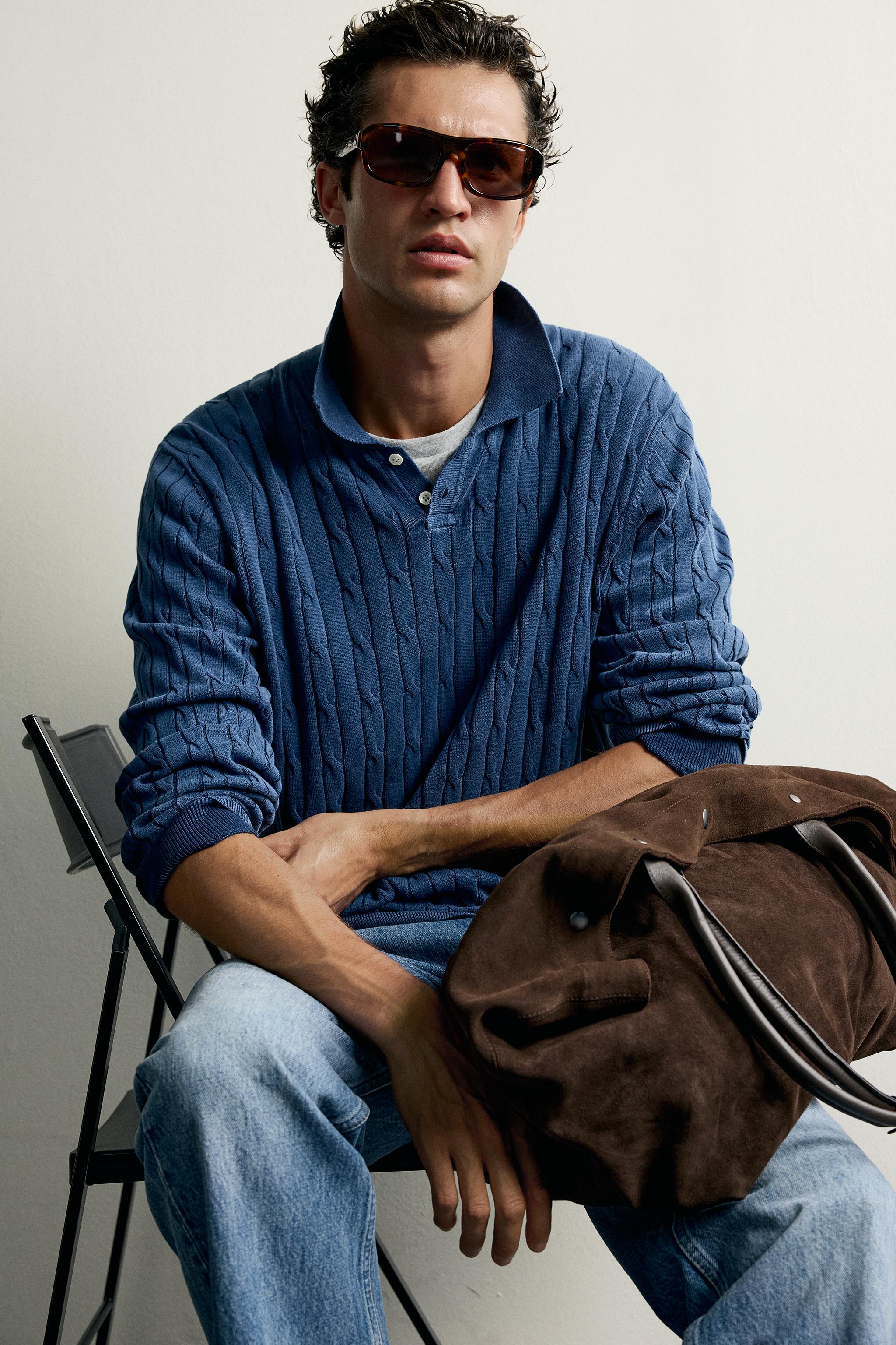 WASHED EFFECT CABLE KNIT POLO SHIRT